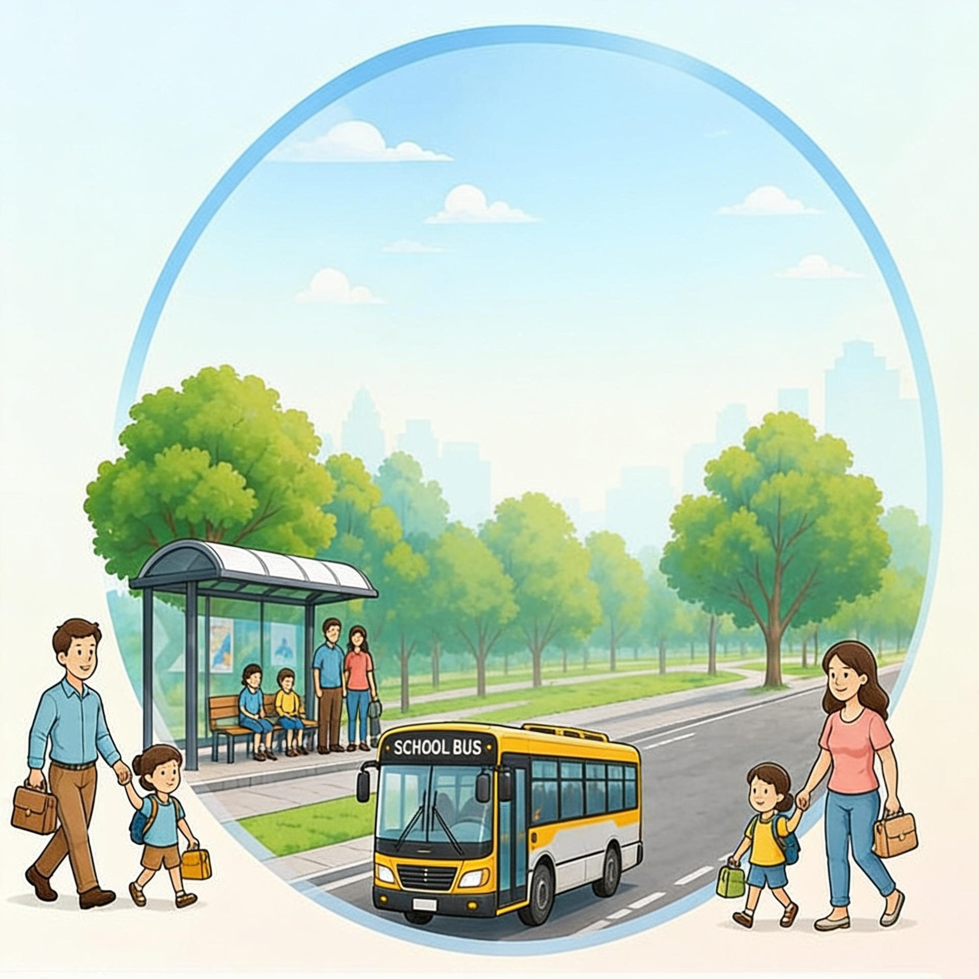 Families walking to a school bus stop